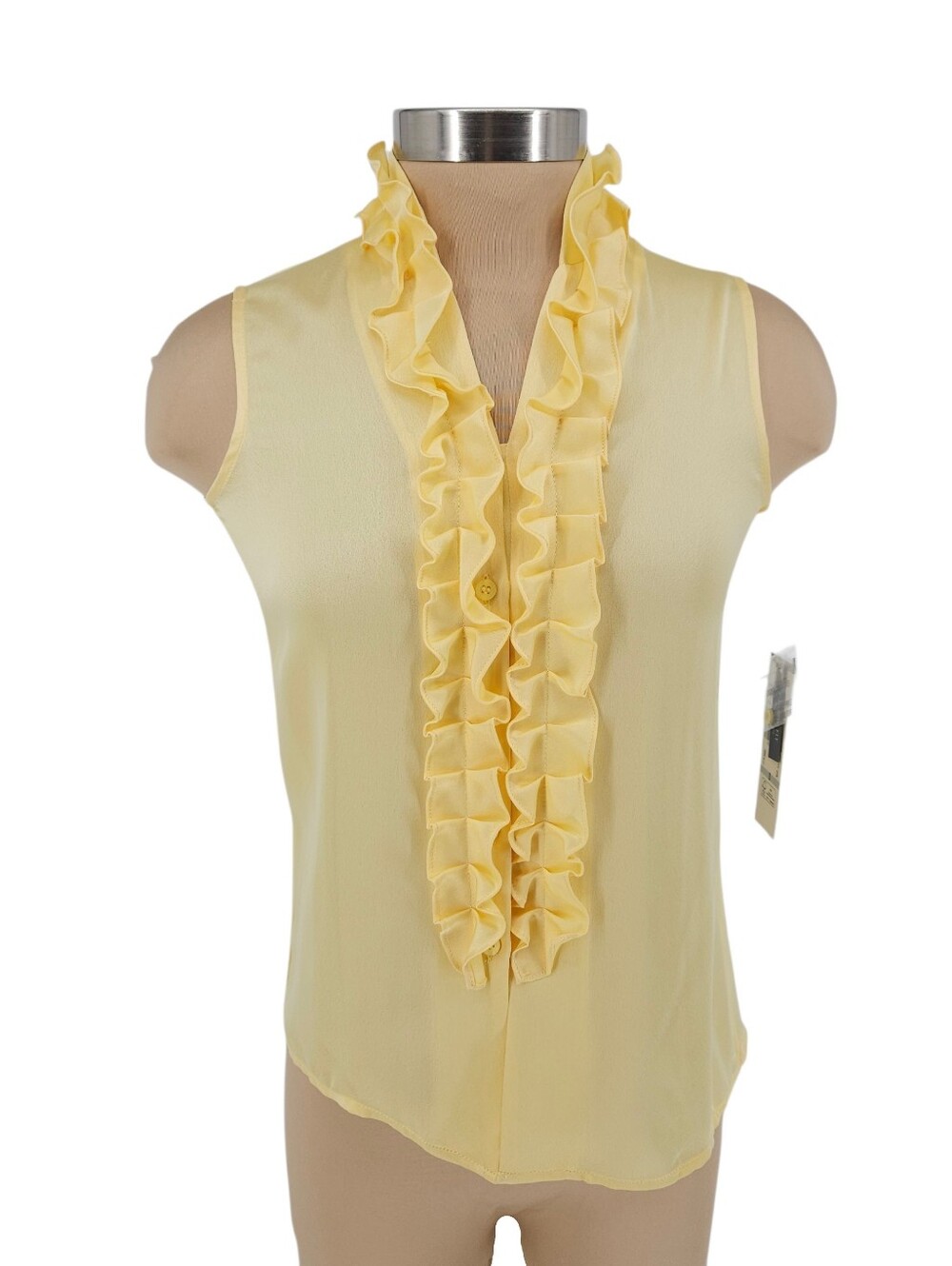 Anne Klein Ruffle Blouse Butter Yellow Satin Sleeveless Button Up 0